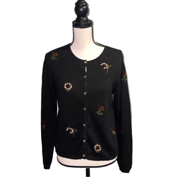 Susan bristol- Black floral embroidered button up sweater - Picture 1 of 9